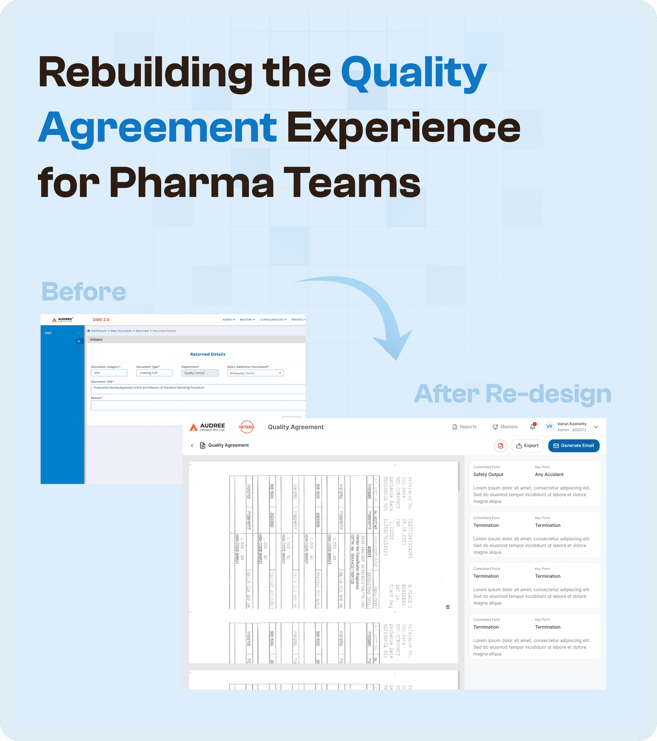 Qulaity Agreement software before and adter redesign screens