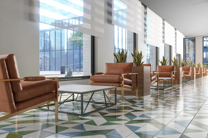 boho decorated seating area with roller blinds sheer fabric with pattern