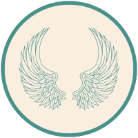 Pair of detailed angel wings inside a teal circle