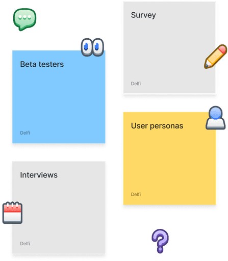 Colorful sticky notes arranged in a grid, each representing different aspects of a research project.