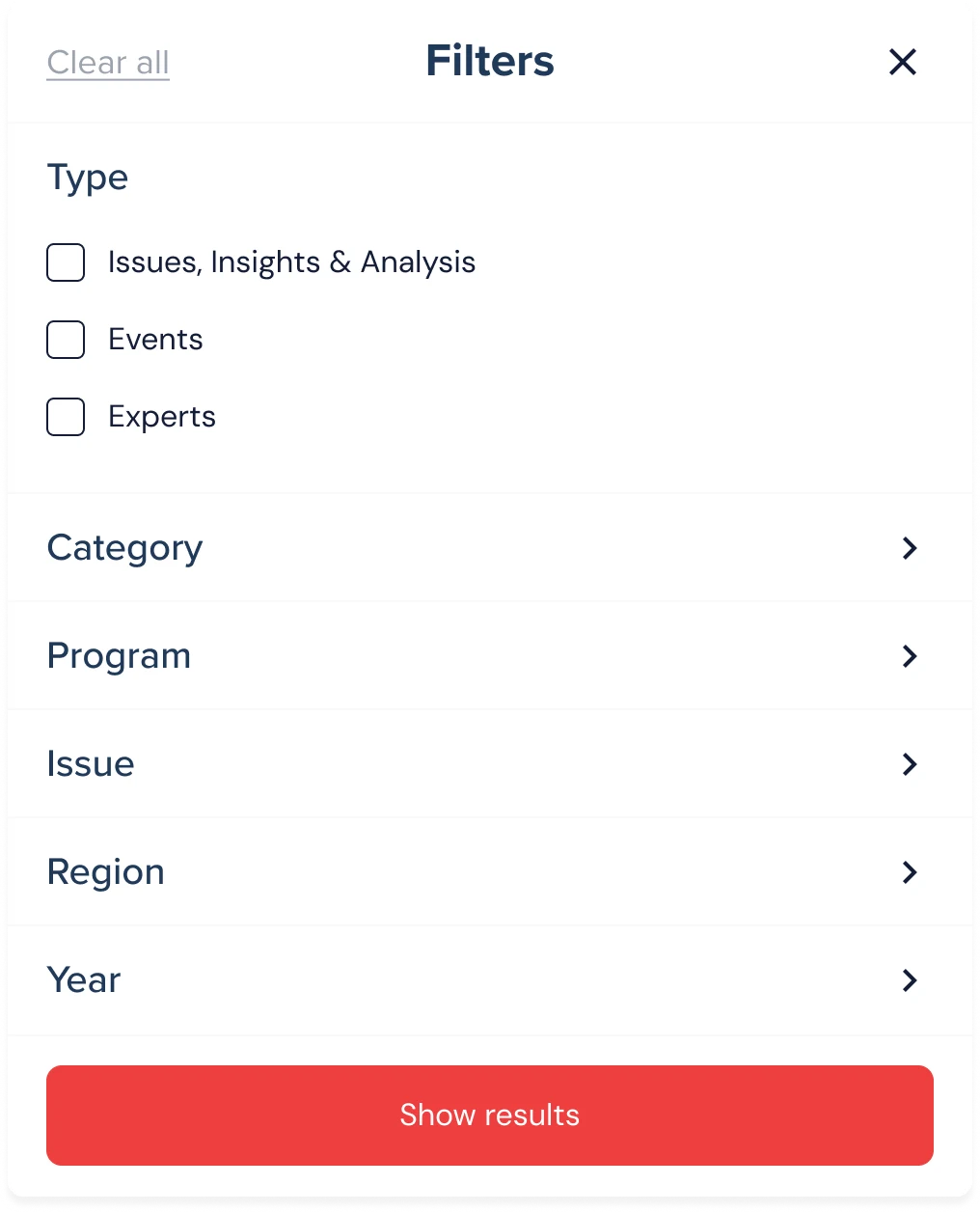 Filters sheet with Type options and collapsed Category, Program, Issue, Region and Year rows