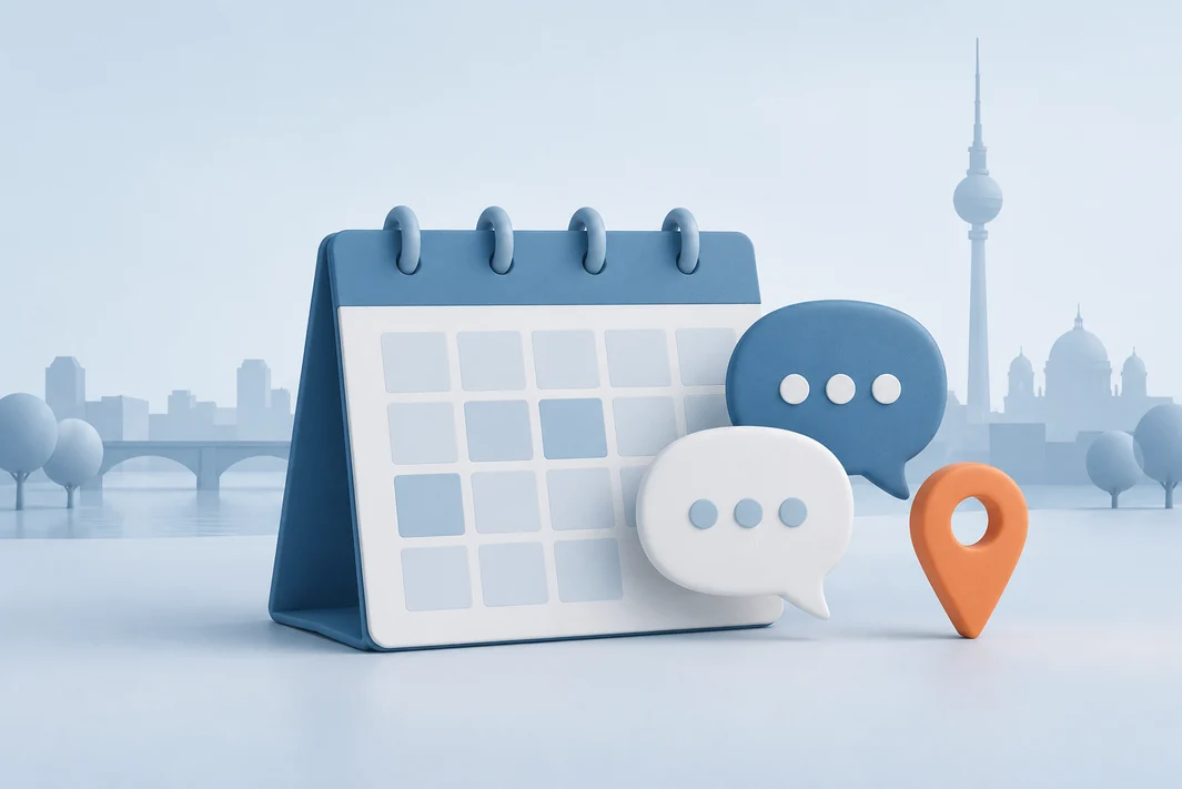 Illustration of an appointment calendar, conversation bubbles and location pin against a subtle Berlin skyline.