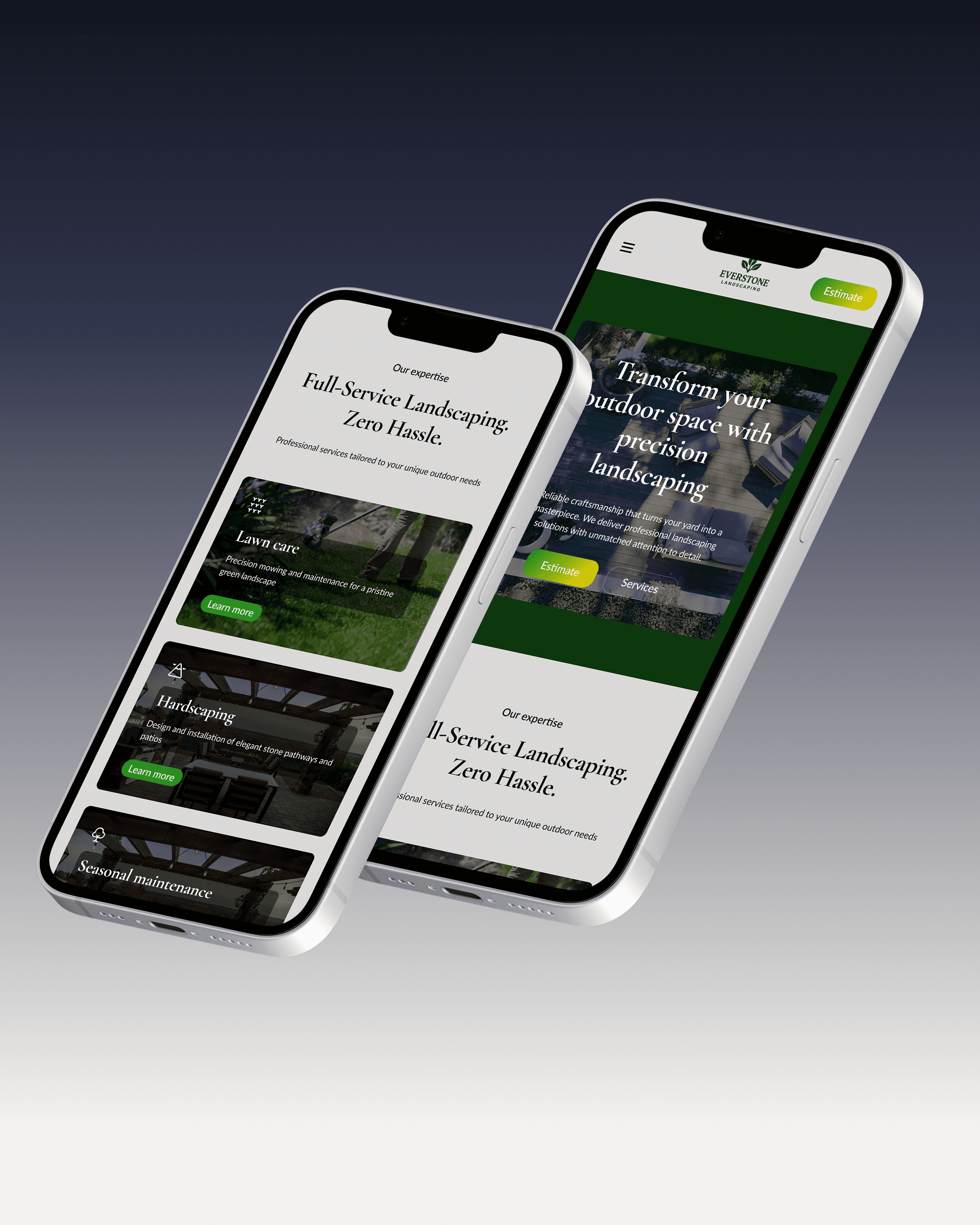 An image of two phones displaying seperate pages of a landscpaing website