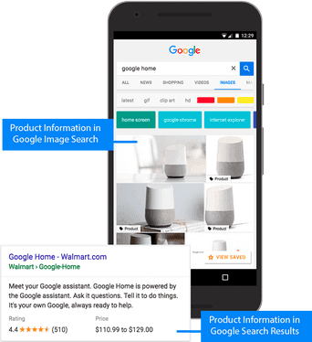 Example of product information being shown in Google Image Search as well as a Product Rich Result for a "google home."