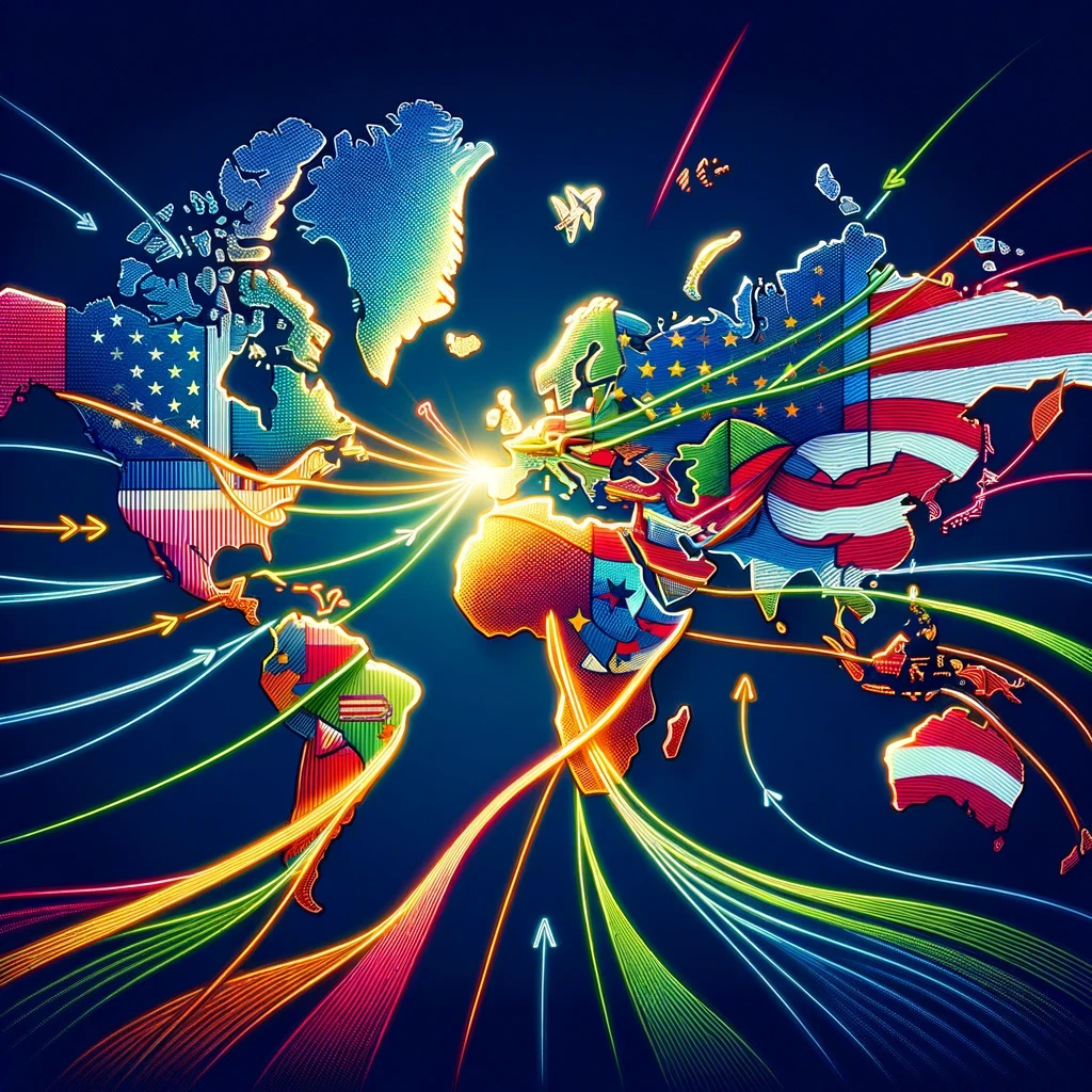 World map showcasing vibrant, highlighted paths from various countries converging on the United States, representing the global journey of H1B visa holders aiming for a Green Card, symbolizing their diverse origins and shared goal of achieving permanent residency in the U.S.