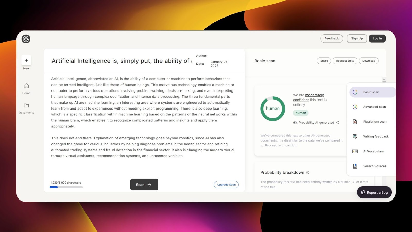 Screenshot of GPT Zero interface analyzing text for human vs AI detection with a 9% AI probability, probability breakdown, and advanced scan options.