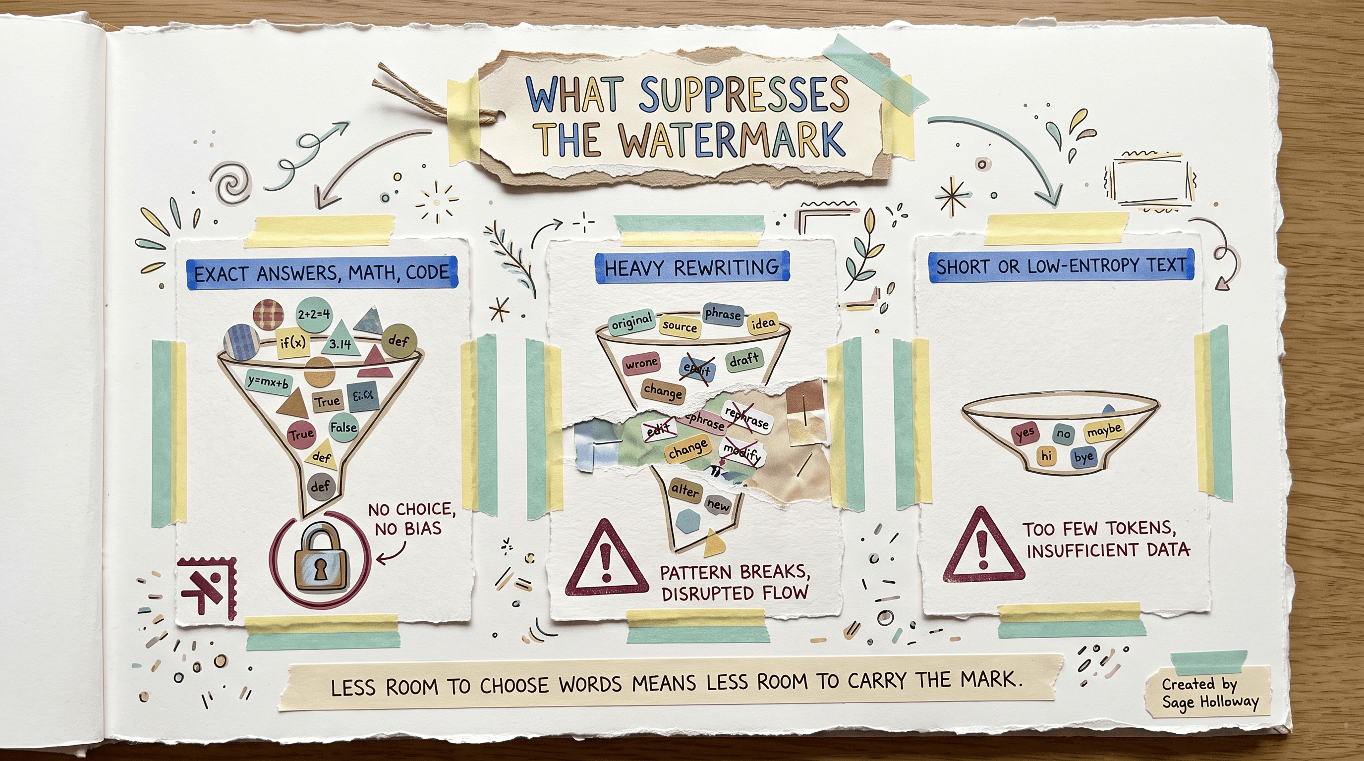 Three-panel diagram showing exact answers, heavy editing, and short text as conditions that suppress Claude's watermark