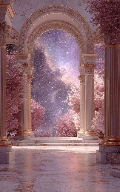 Dreamy celestial palace with pink trees and starry sky.
