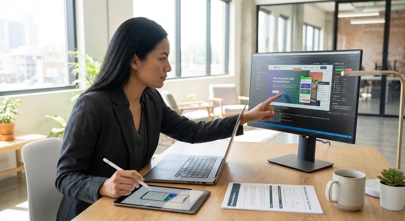 An accessibility expert in a business suit works at her desk in a modern office. She points to a website design on a large monitor while simultaneously using a stylus on a tablet showing a mobile app interface. A document on her desk reads "DHS Certified Tester Review." 