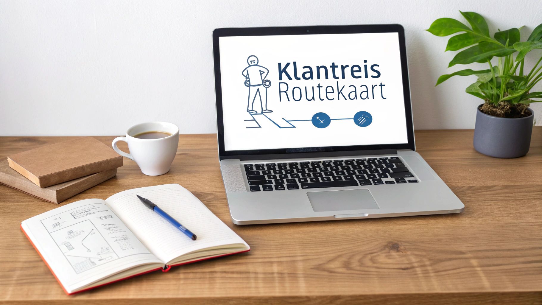 Een laptop toont een klantreis routekaart, omringd door een notitieboek, koffie en boeken op een houten bureau.