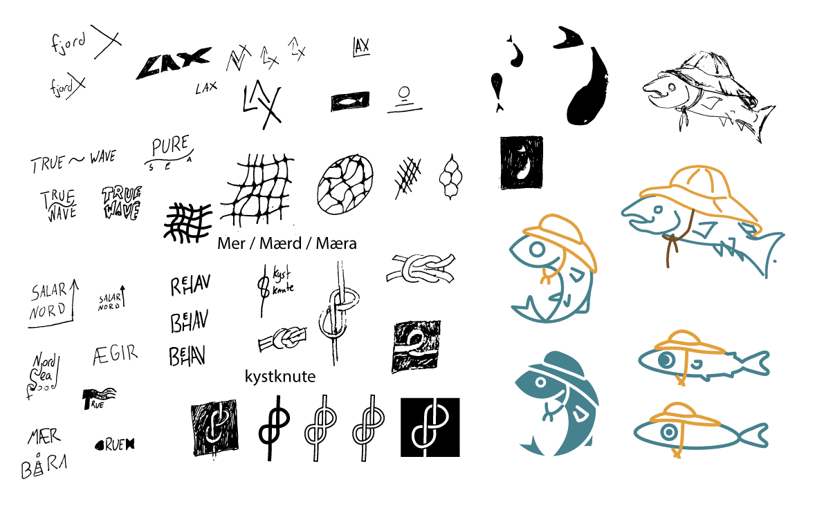 utforskning av navn og skisser for logo til fiktivt oppdrettsselskap