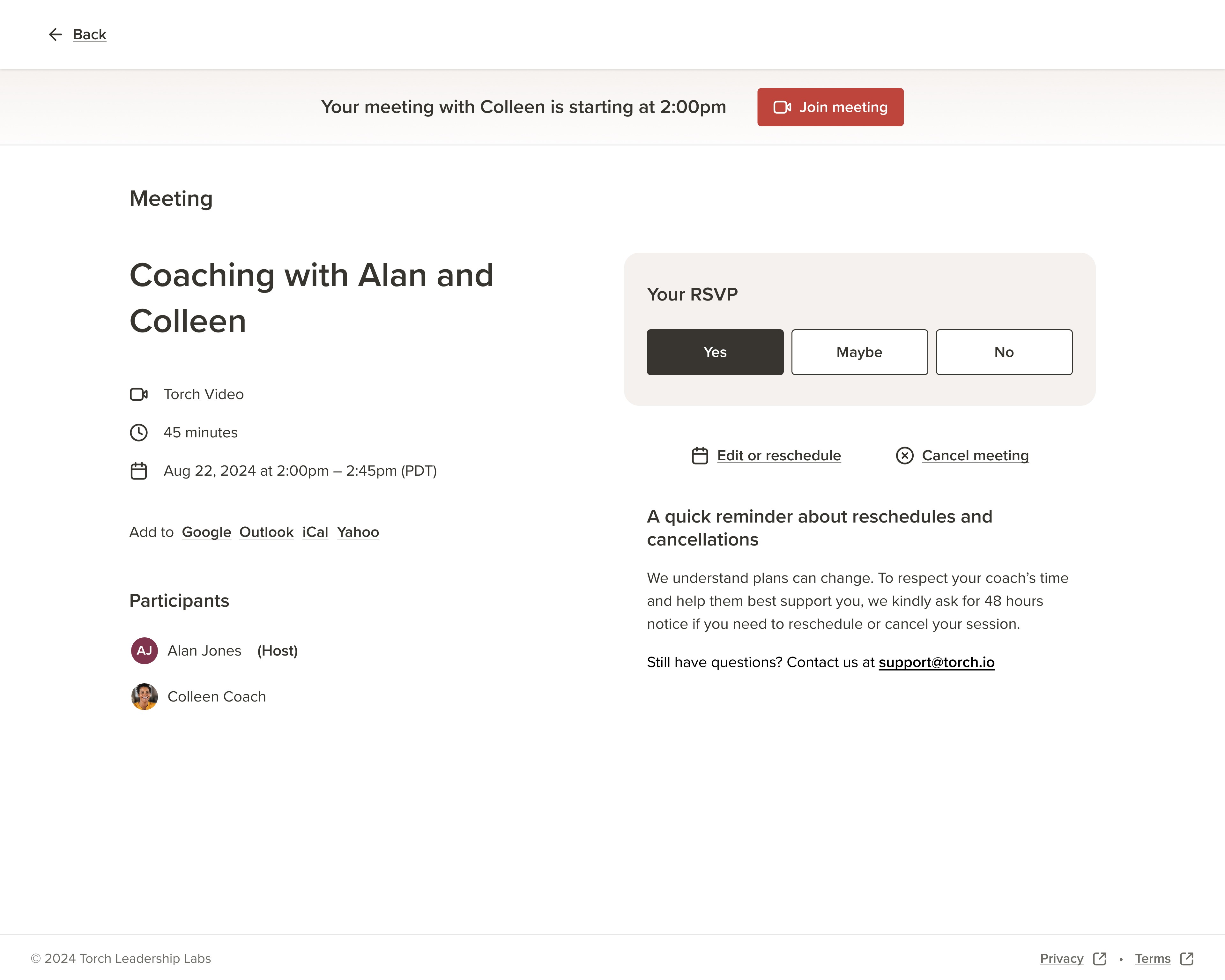 Desktop screen showing meetings interface from Torch redesign, highlighting simplified user experience.