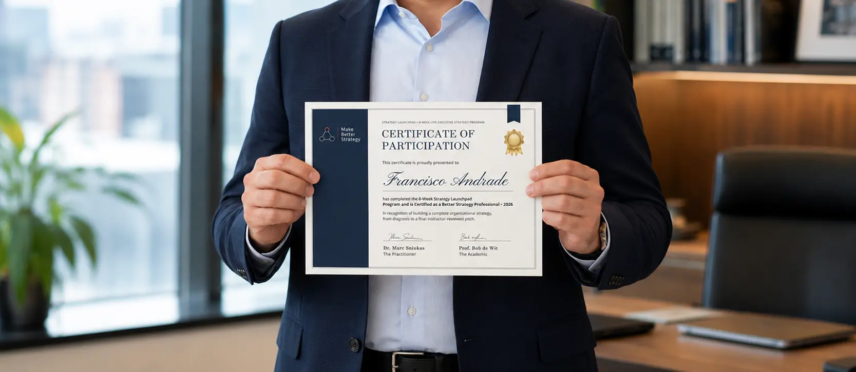 Person holding a Certificate of Participation from the 8-Week Strategy Launchpad Program.