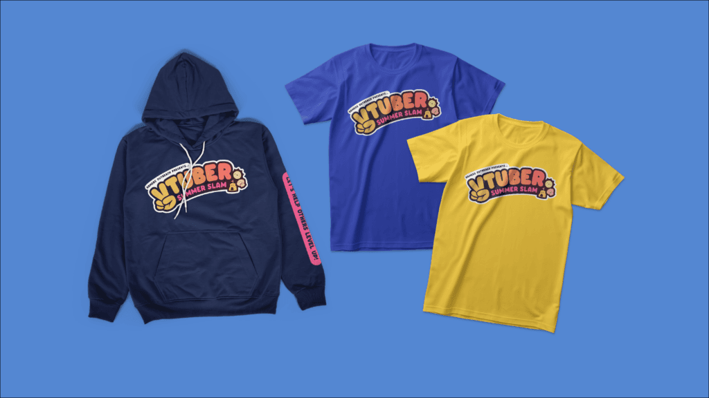 VTuber Summer Slam t-shirts and hoodie in bright summer-themed colors.
