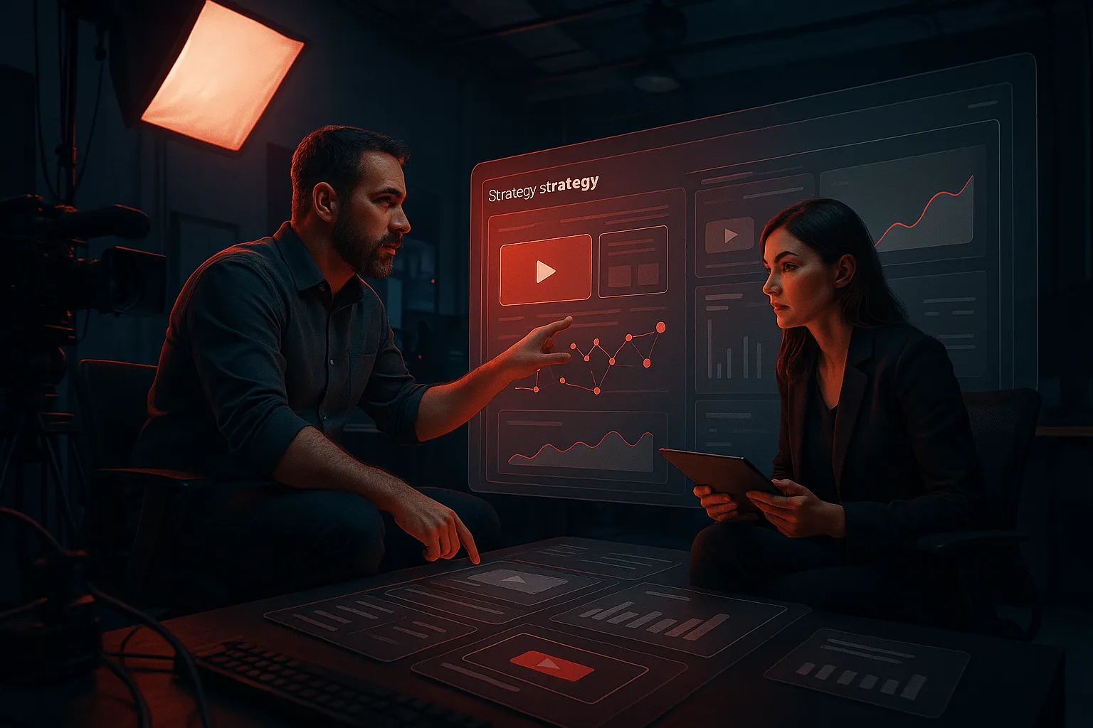 "RockN' Socials team strategizing digital marketing at their agency table."