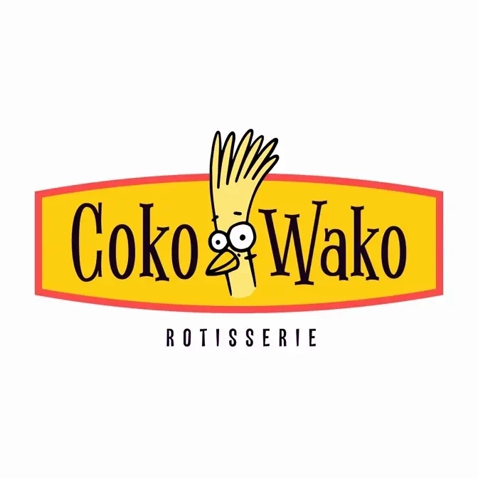 CokoWako rotisserie logo with cartoon chicken head inside yellow and red wordmark