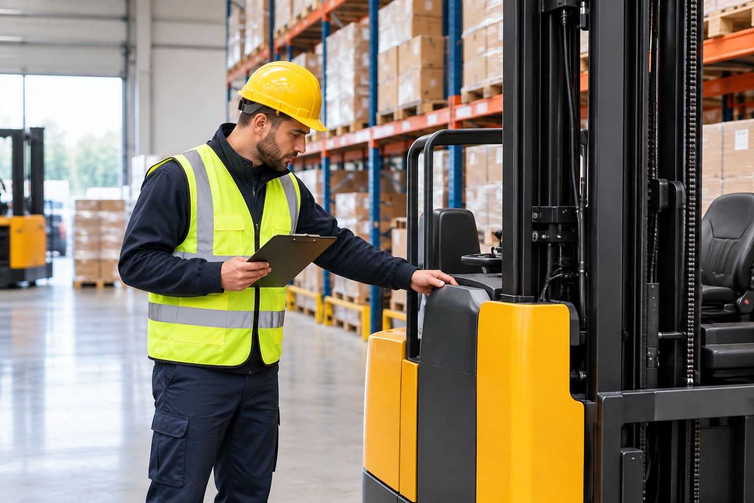Forklift operator performing a pre-shift safety inspection in a warehouse