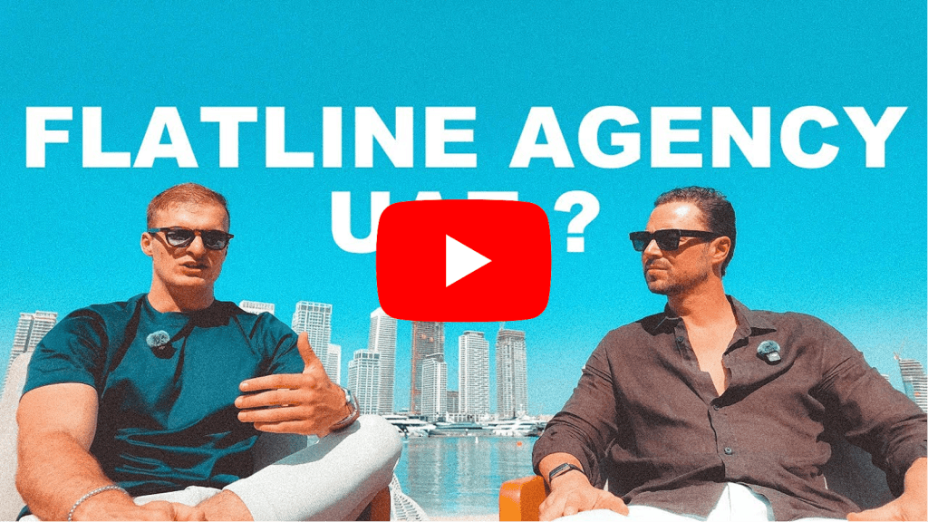 Video-Thumbnail Flatline Agency UAE? mit zwei Männern im Gespräch vor der Skyline von Dubai