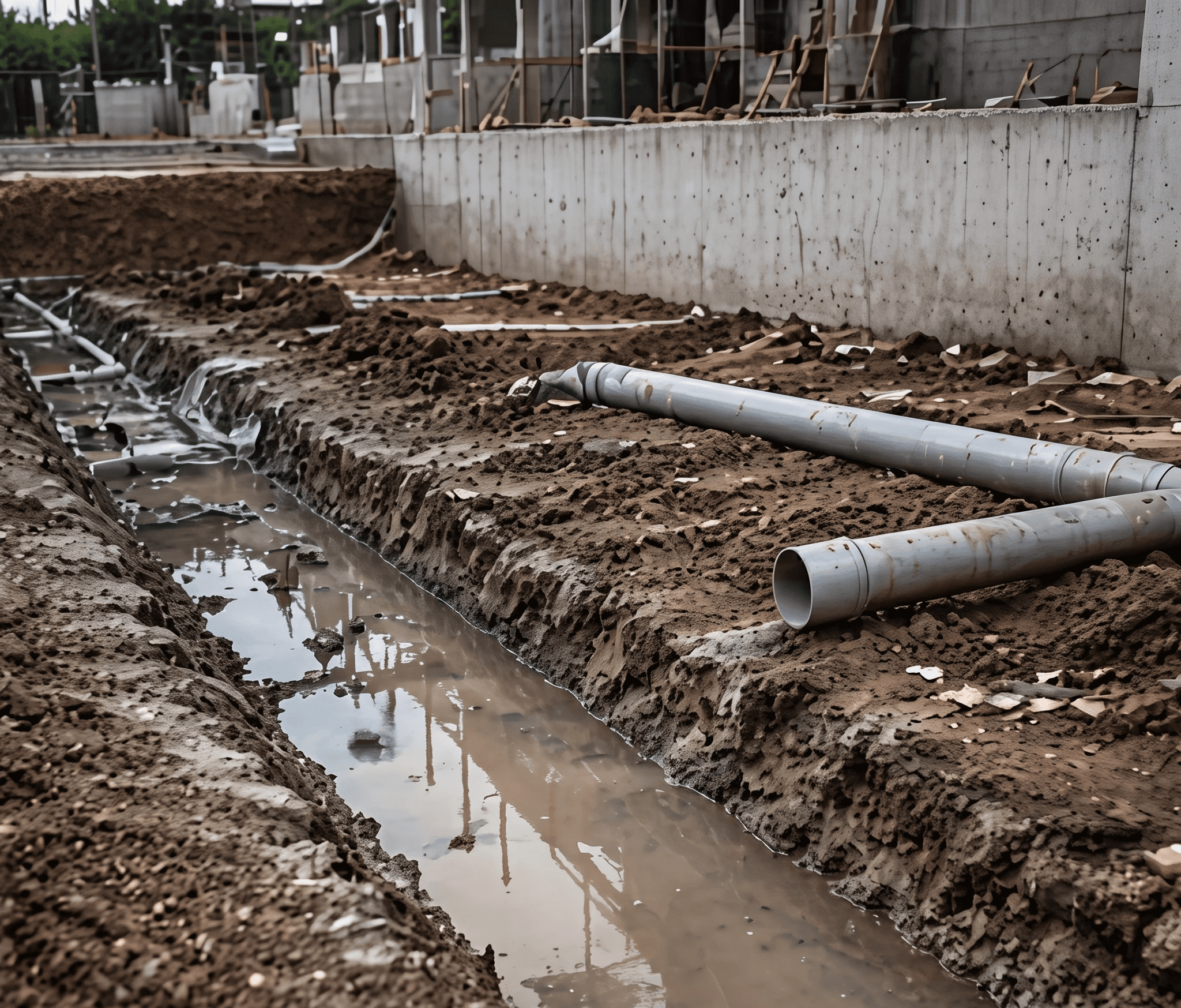 Improperly sloped plumbing pipes in muddy construction trench.