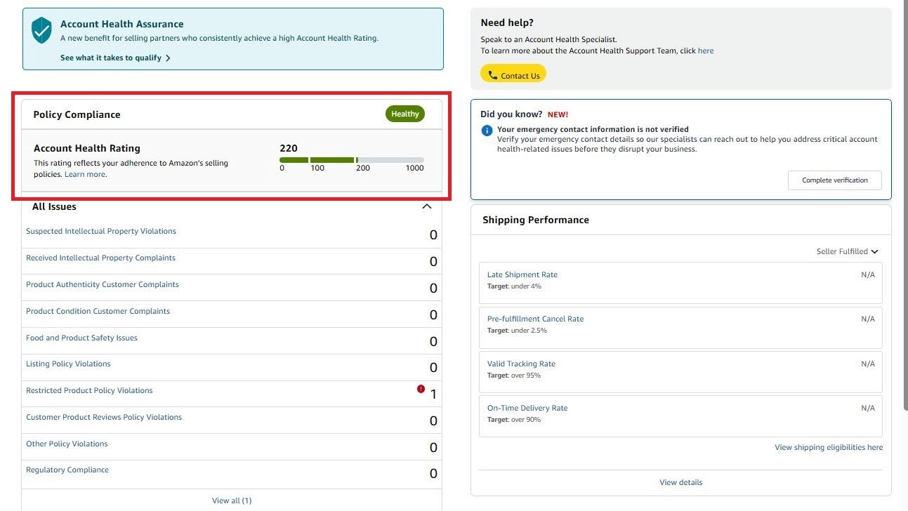  Amazon account health dashboard showing compliance rating