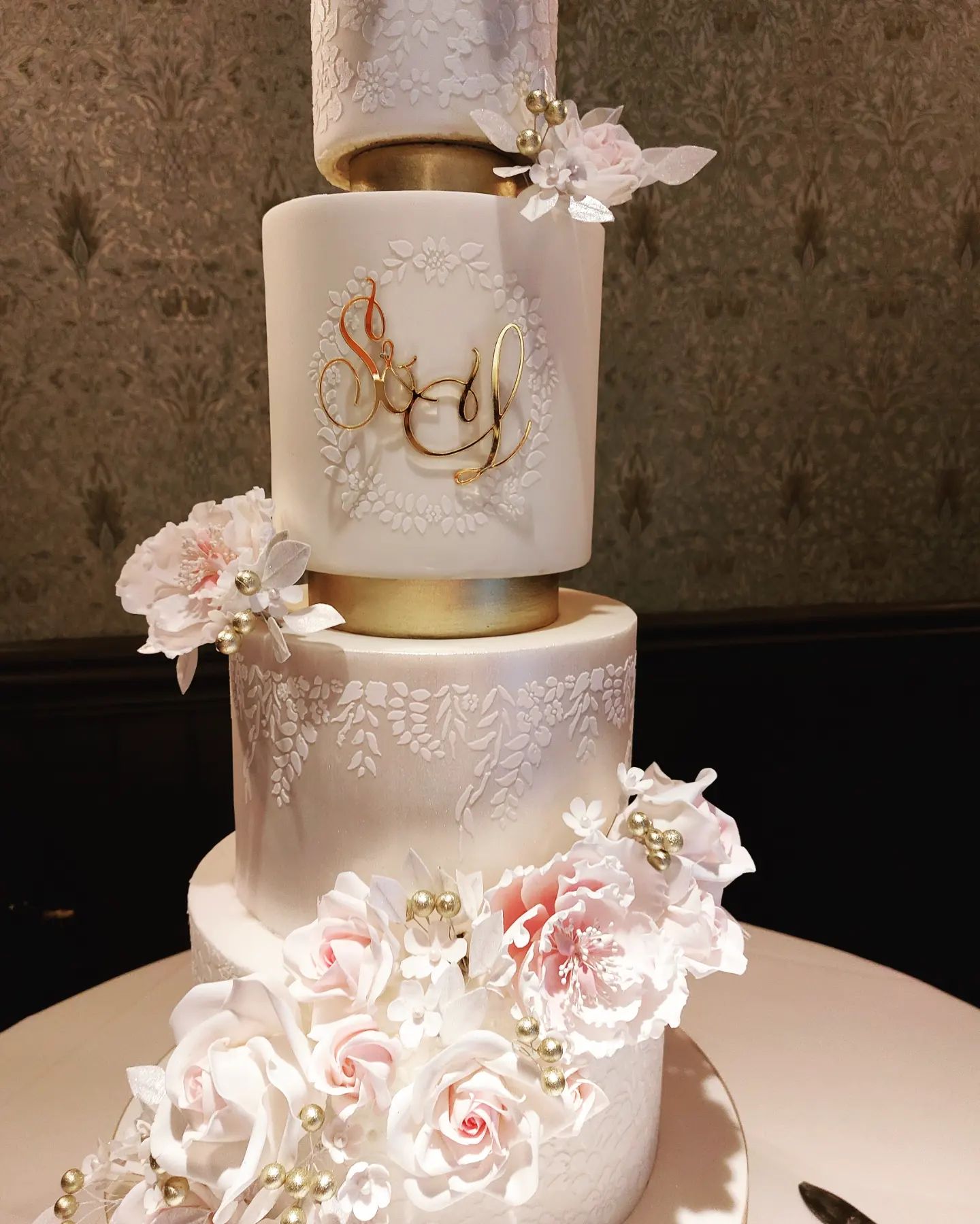 Lace & Blush Elegance Four Tier Wedding Cake