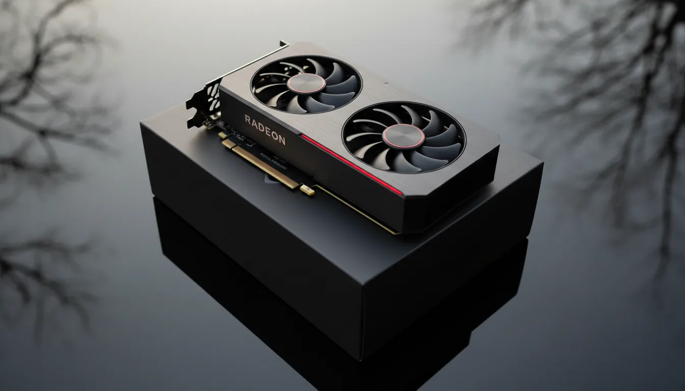 DSLR product photograph of an AMD Radeon RX 7800 XT graphics card resting at an angle on its matte gray retail box. The scene is set on a highly reflective, glossy black surface that mirrors the silhouettes of trees against an overcast sky. High-angle shot with cinematic contrast from natural daylight, casting deep shadows. The focus is tack-sharp on the GPU's dark metallic shroud and dual fans, with a shallow depth of field.