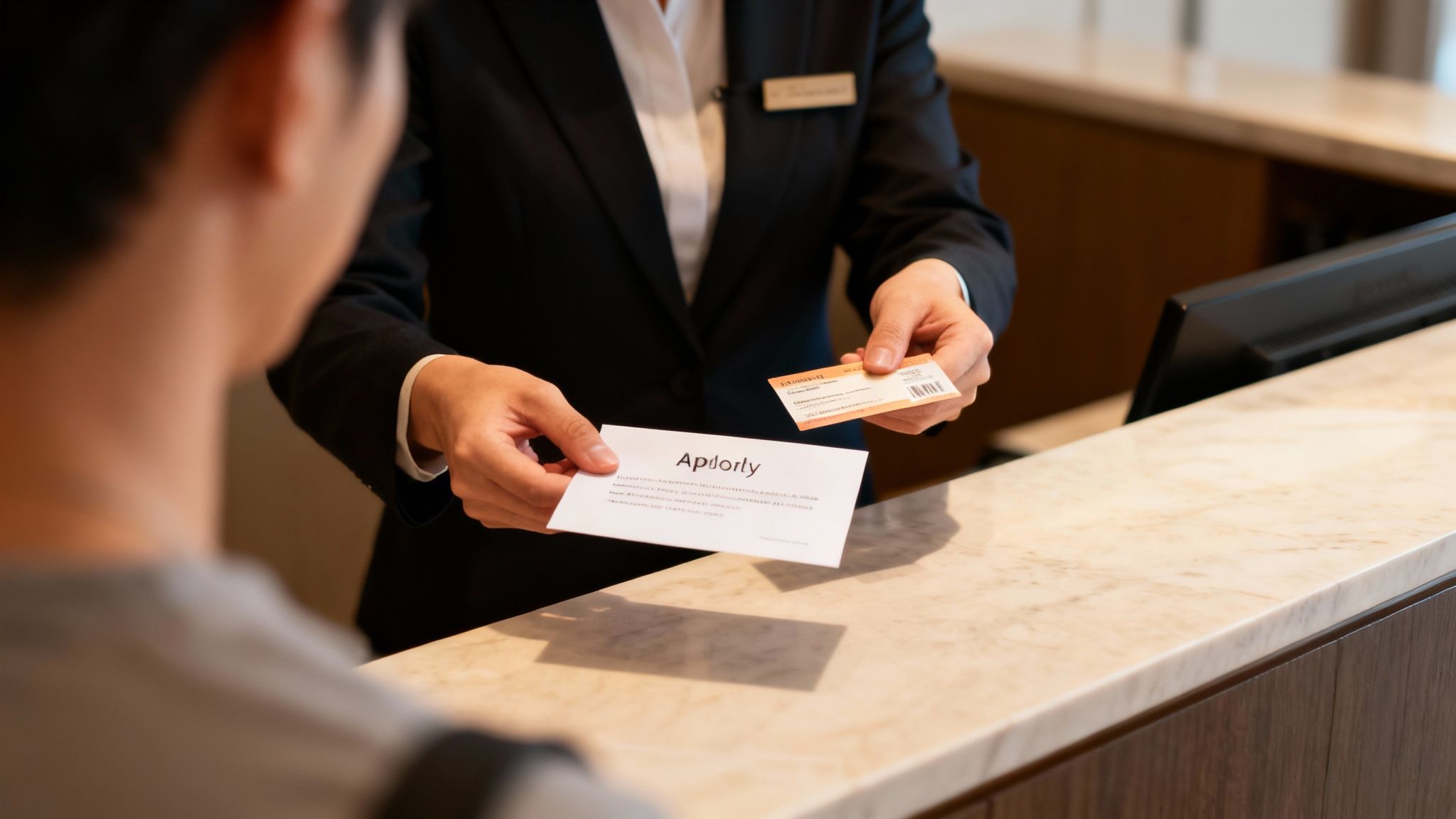 Hotel staff hands a key card and a document to a guest at a reception desk.