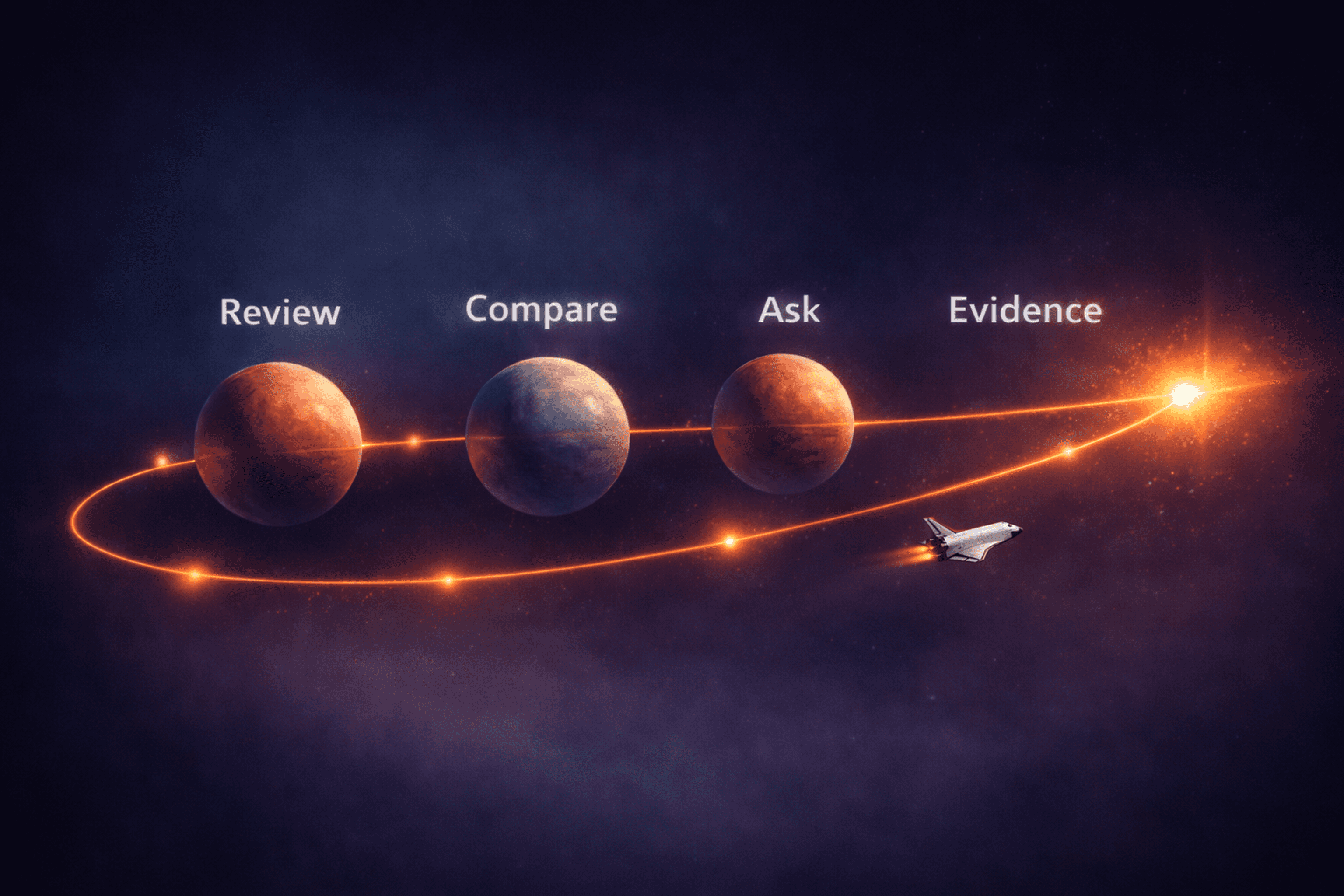 A space-themed illustration showing three planets along a glowing orange orbital path labeled “Review,” “Compare,” and “Ask,” leading to a bright star labeled “Evidence,” with a small spacecraft flying toward the star on a dark, misty indigo-purple background.