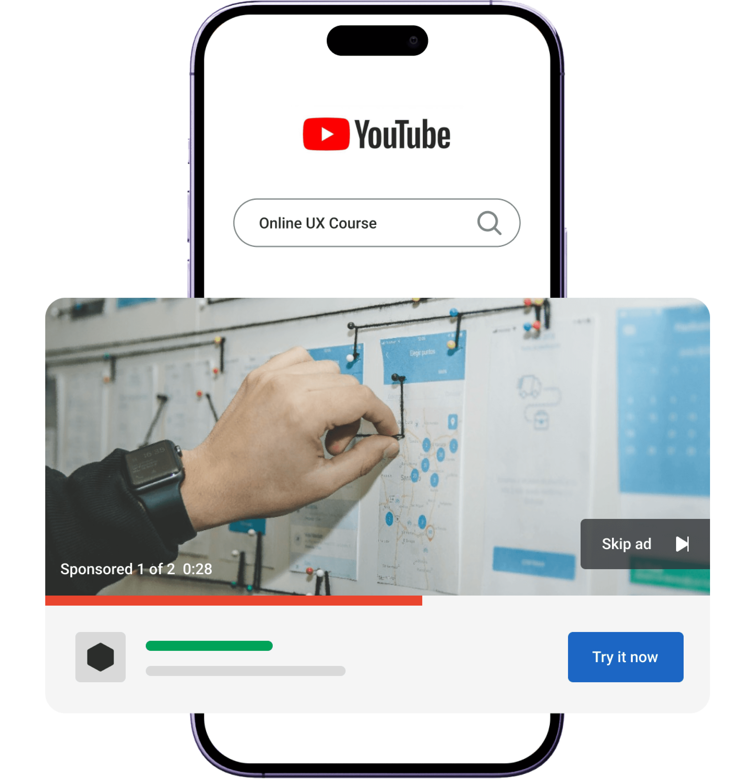 YouTube ad retargeting concept featuring a search for an online UX course and a sponsored video ad playing with a 'Skip ad' option.