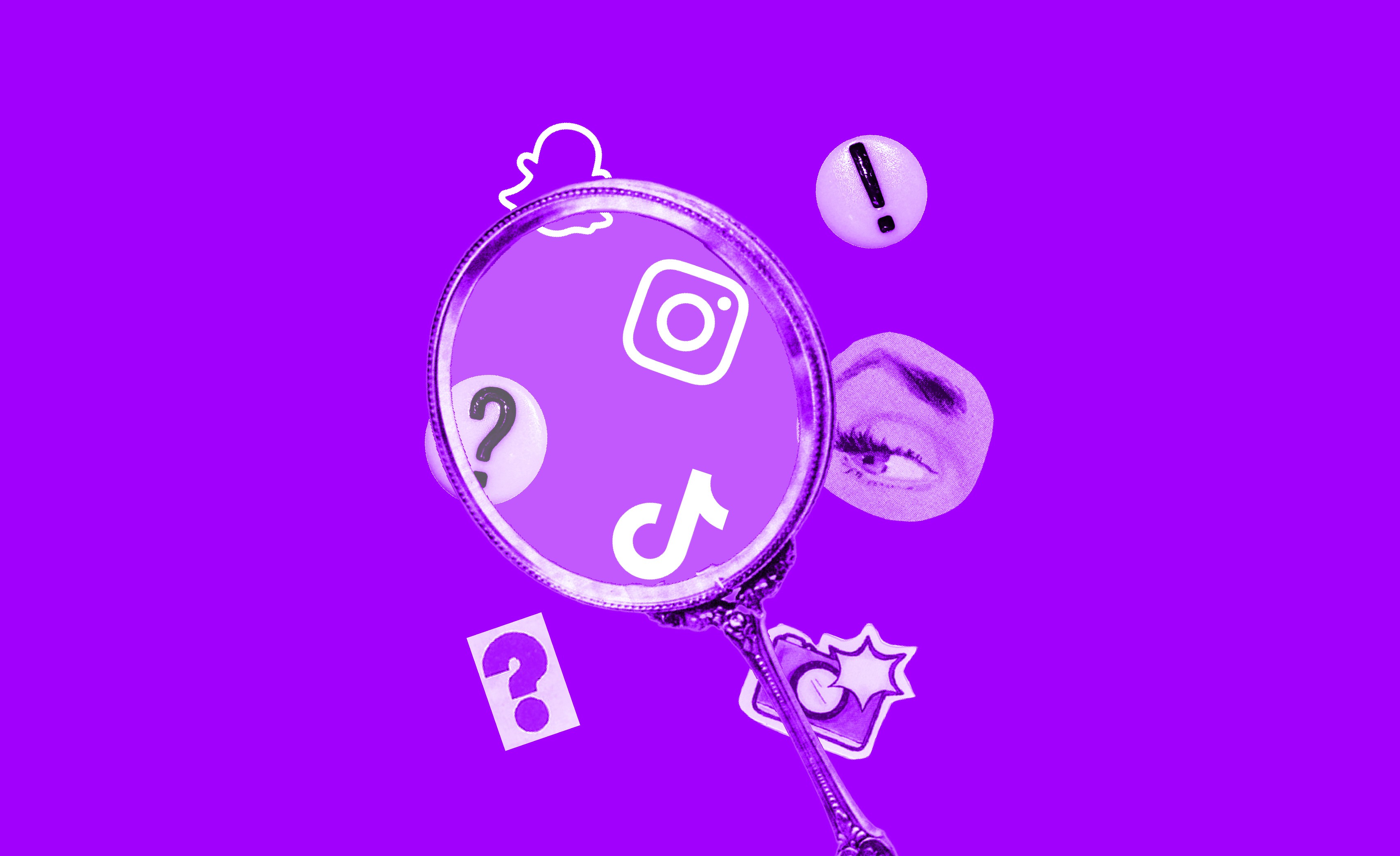 Purple background with a magnifying glass surrounded by social media icons, question marks, and a clipped eye, representing questioning and examining social media content.