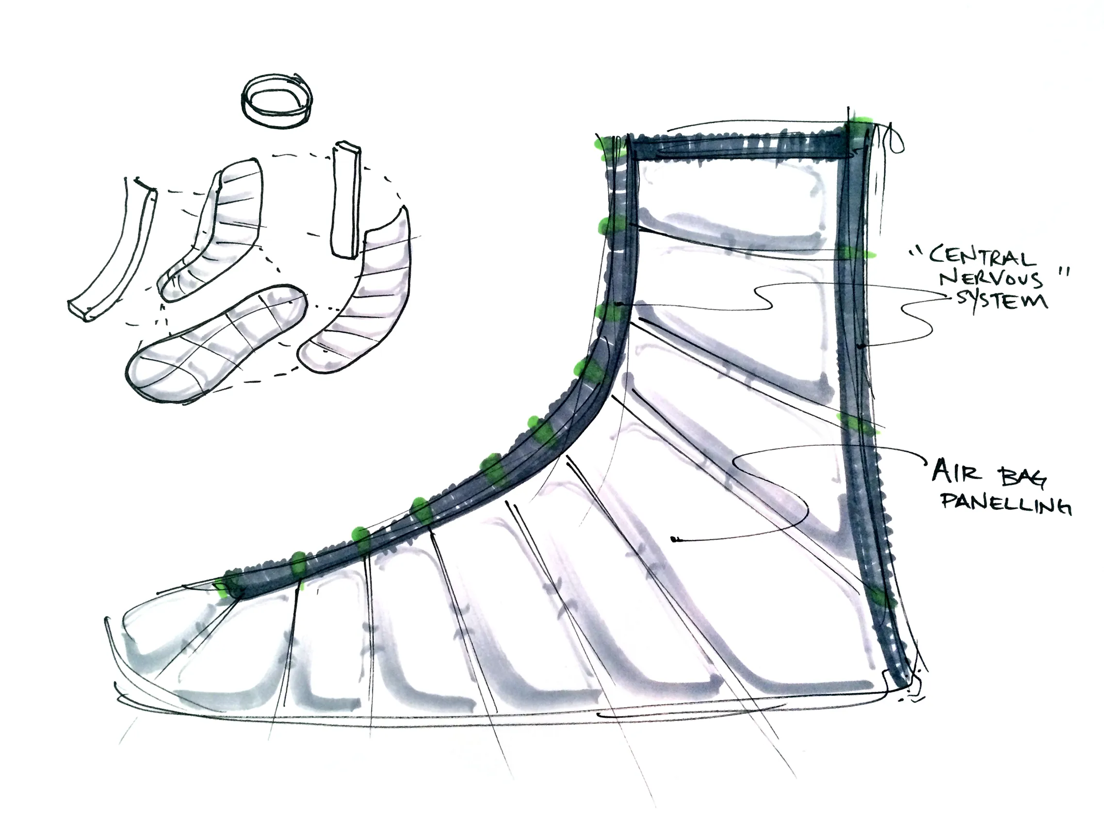 SOLS ADAPTIV concept sketch showing the shoe structure and internal support system