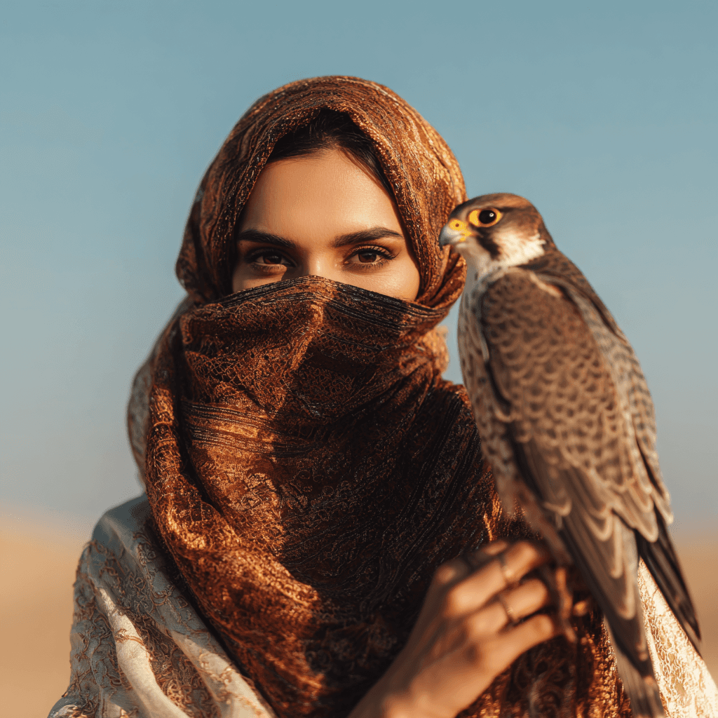 Arabian women with eagle in one hand and veil portrait