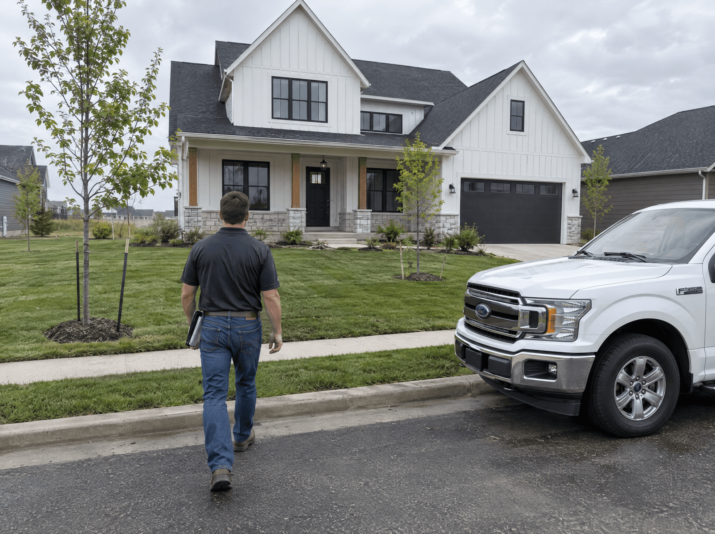 Inspector arriving at a newly built home