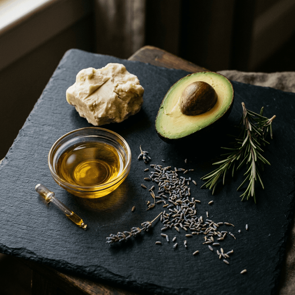 beauty products with a light green background