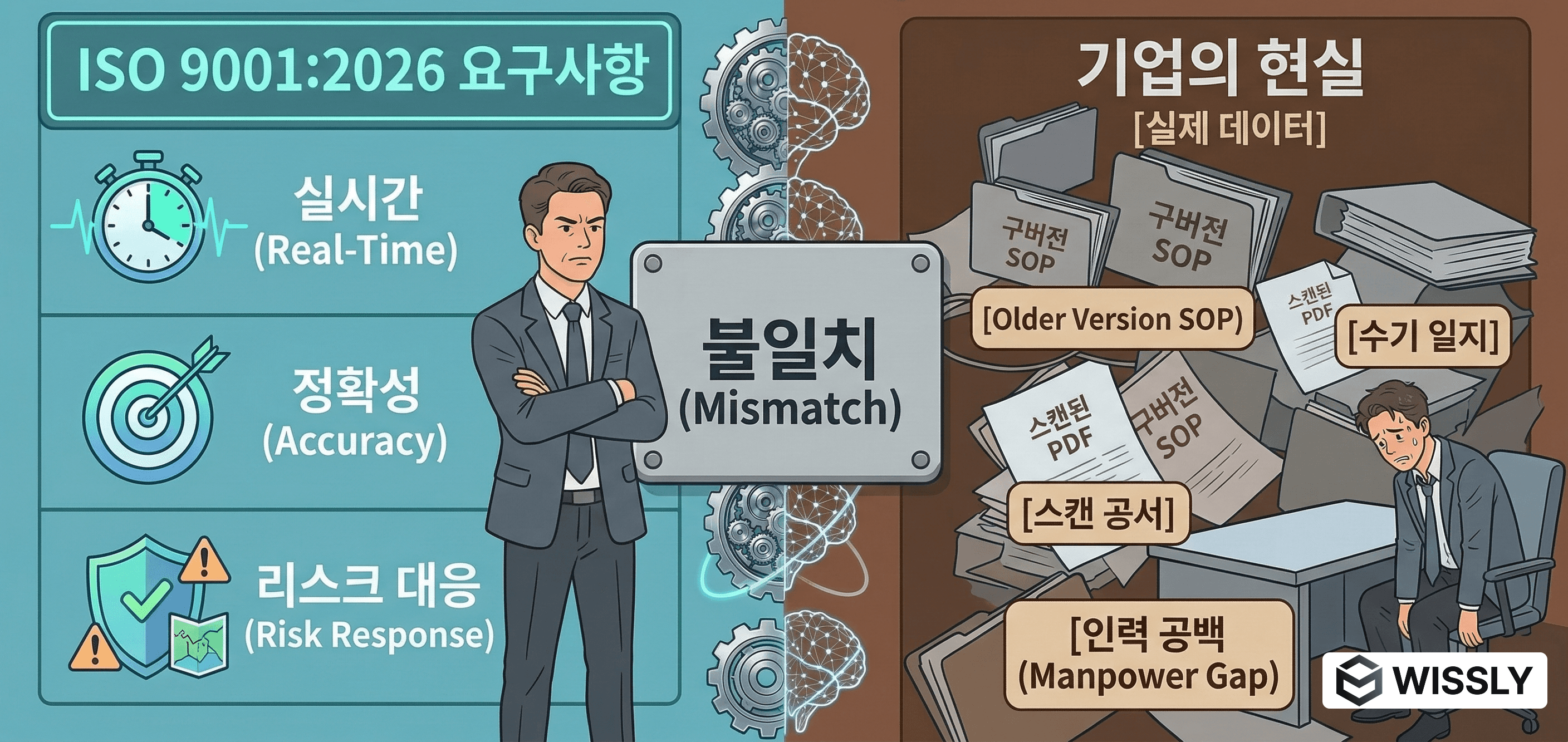컨셉: 왼쪽에는 'ISO 9001:2026의 요구사항(실시간, 정확성, 리스크 대응)', 오른쪽에는 '기업의 현실(스캔 문서, 구버전 혼재, 인력 공백)'을 두고 가운데 '불일치(Mismatch)'를 표시한 대조표.