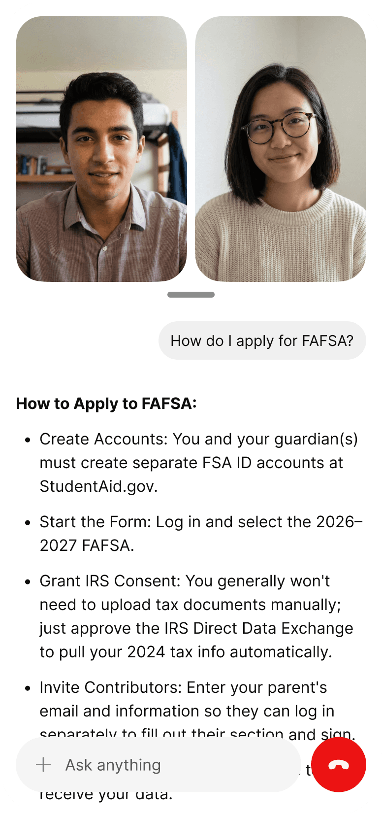 Two students are video chatting in their dorm rooms, with a text overlay providing instructions on how to apply for FAFSA, including steps like creating an account and logging in to fill out the 2023-2024 FAFSA form.