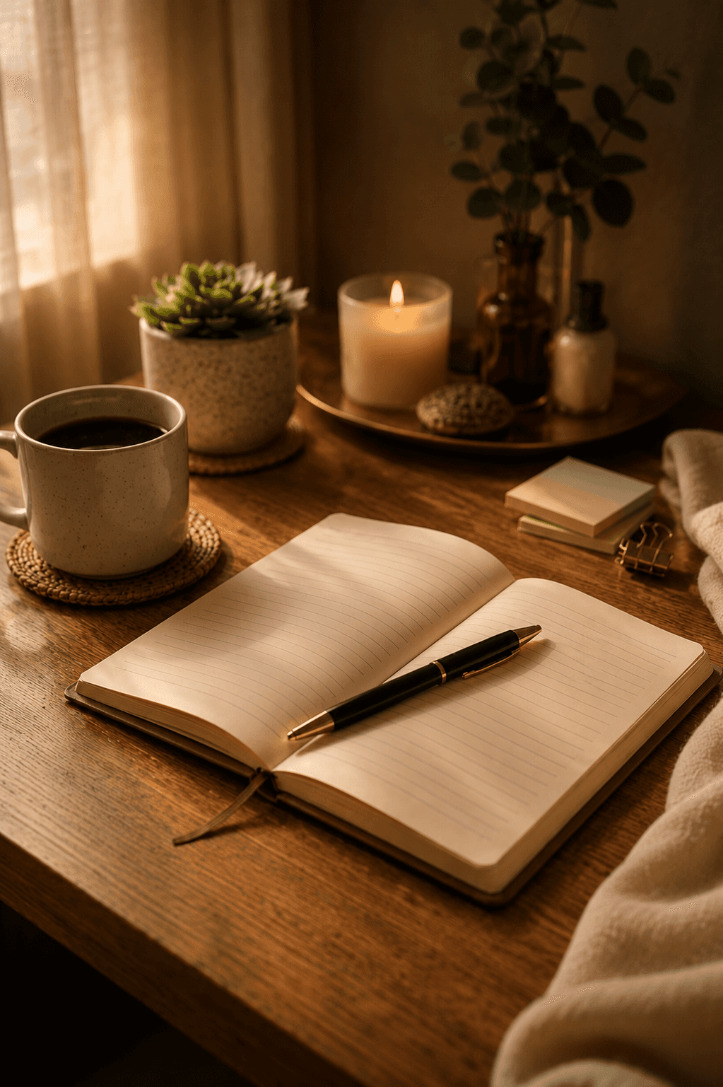 Open journal on a warmly lit desk