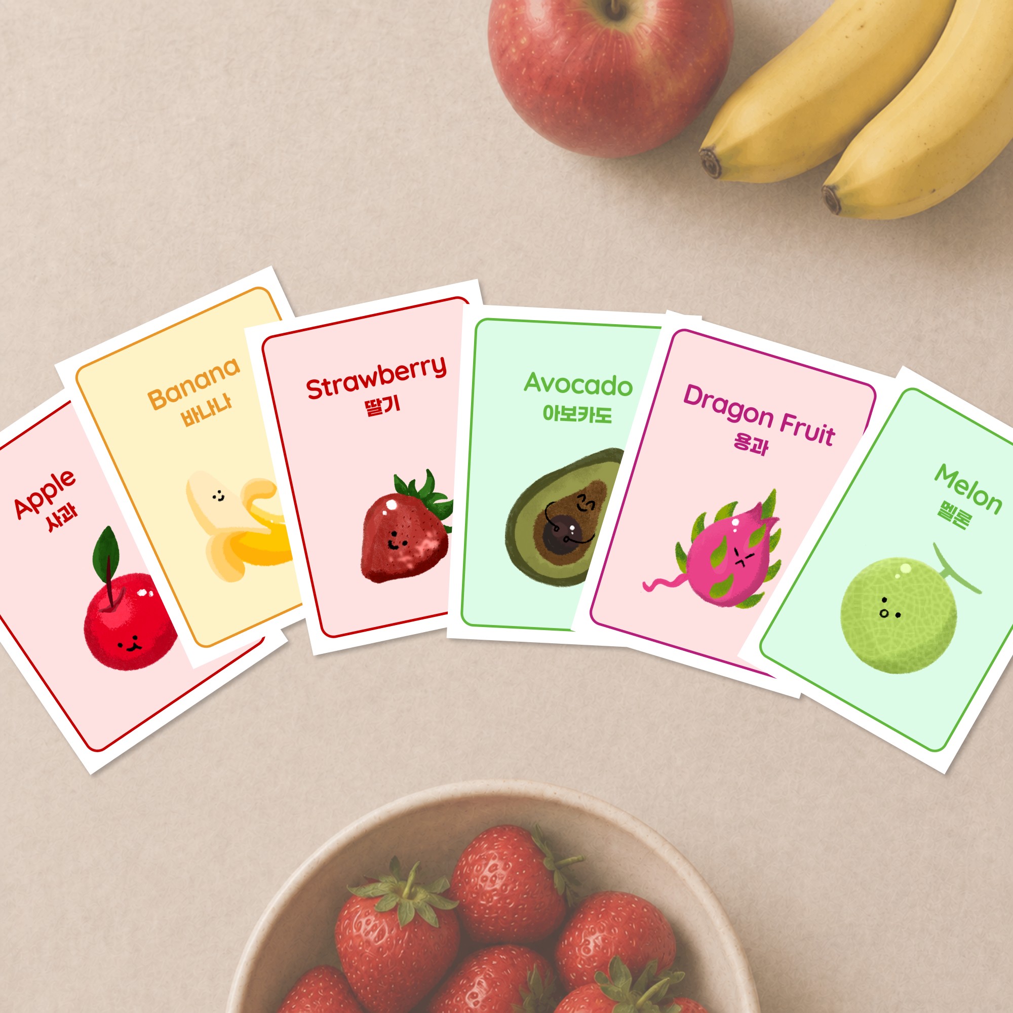 Fruit flashcards printable set preview with colorful learning cards for kids.