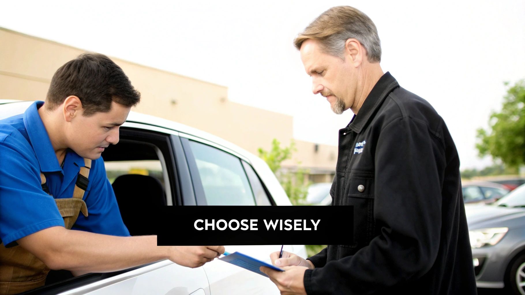 Two service professionals review documents by a white car, one signing a clipboard near the window.