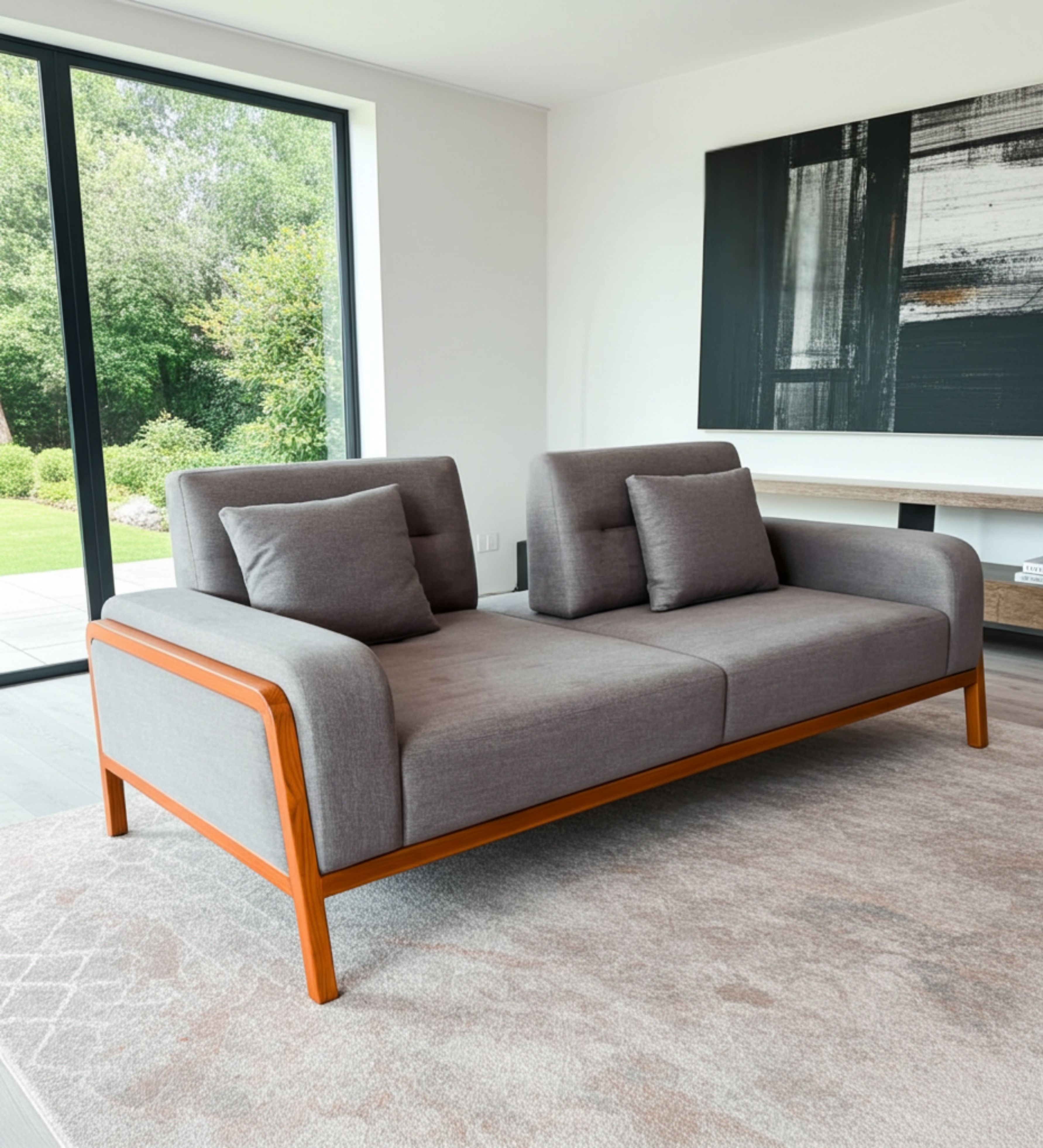 Two seater grey upholstered sofa with adjustable backrest and exposed wooden frame