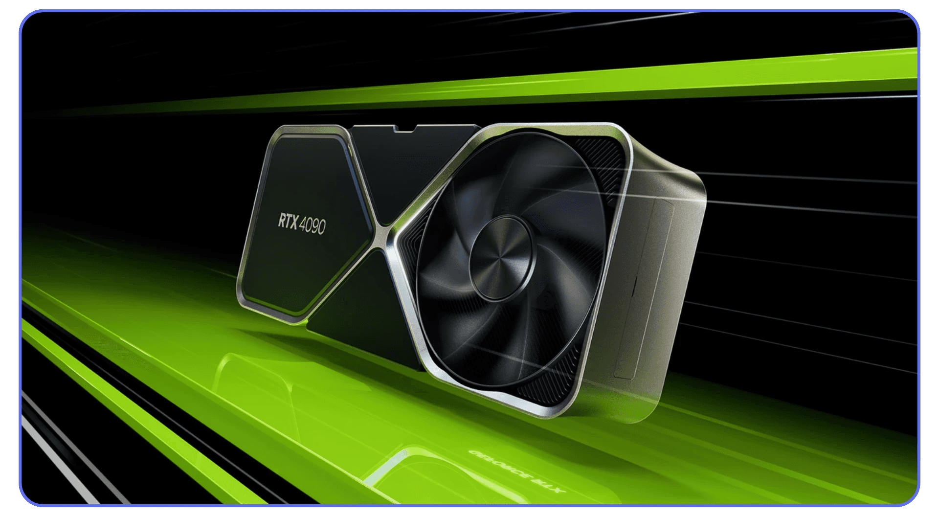NVIDIA GeForce RTX 4090 graphics card displayed on a green background, representing high-end GPU performance and hardware acceleration for 4K and 8K video playback in VLC Media Player 2025.