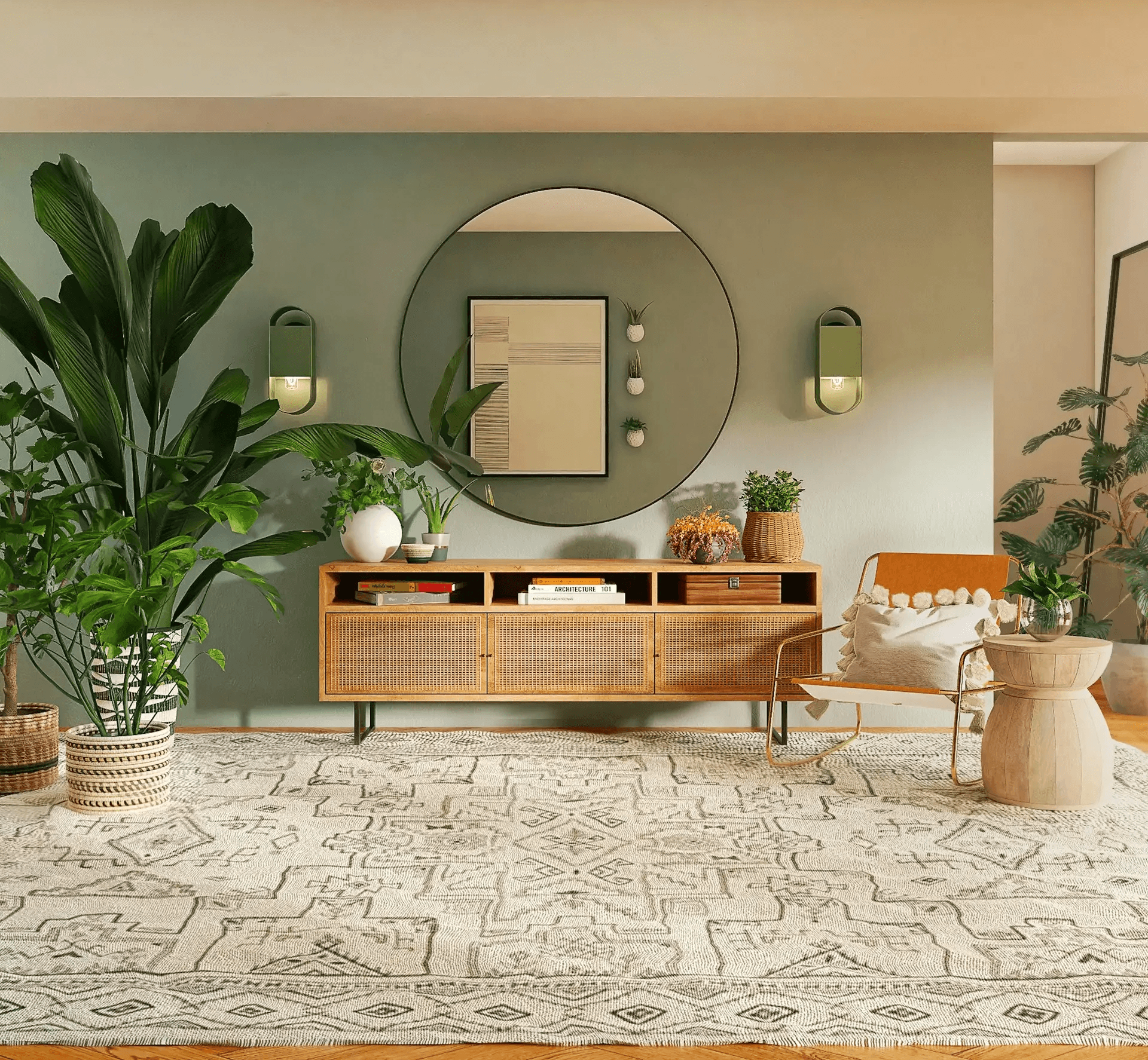 Boho living room with large plants, round mirror, rattan media console, and patterned rug.