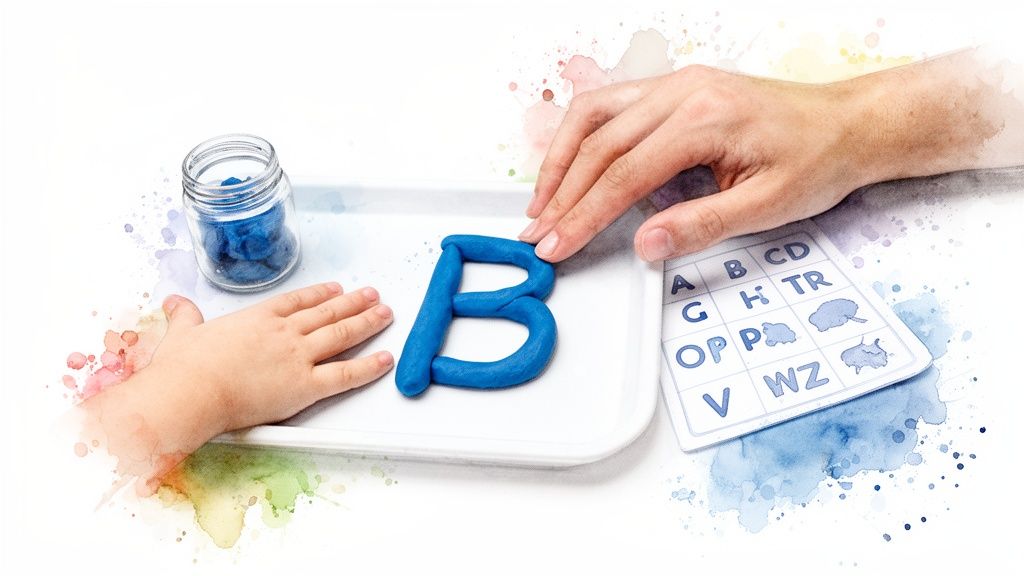 Adult and child hands making the letter 'B' with blue play-doh, teaching letter recognition.