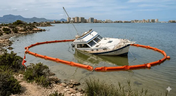 Embarcación de recreo semi-hundida en la costa, un siniestro que requiere la cobertura obligatoria de remoción de restos.