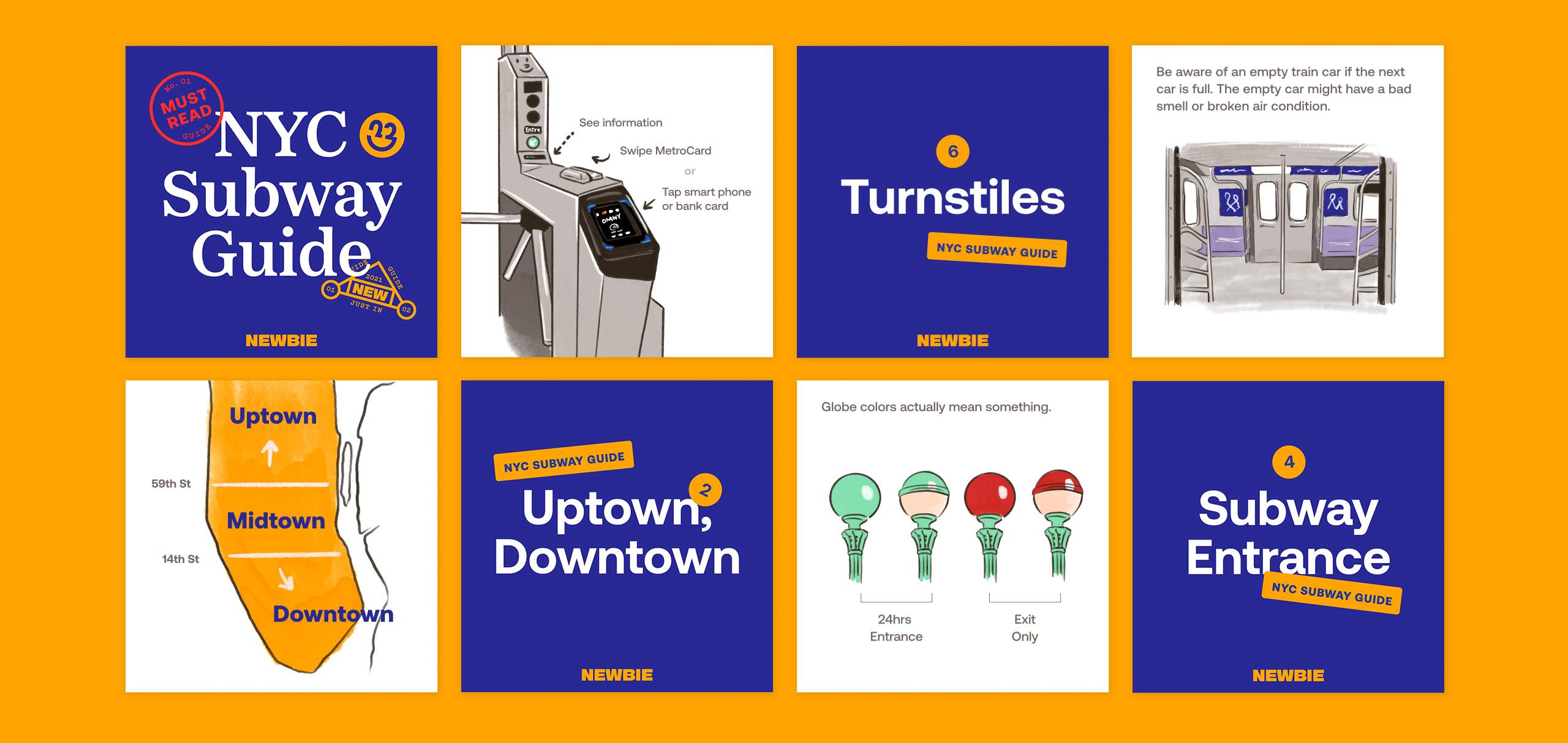 A grid of nine illustrations on a yellow-orange background. Each image is labeled with a number and a Newbie logo. The illustrations depict various New York City subway-related items: a turnstile, a subway map, a subway entrance, a subway guide, a subway card reader, a subway map with directional arrows, a subway map with lines, a subway map with station names, and a subway map with station names and a directional arrow.