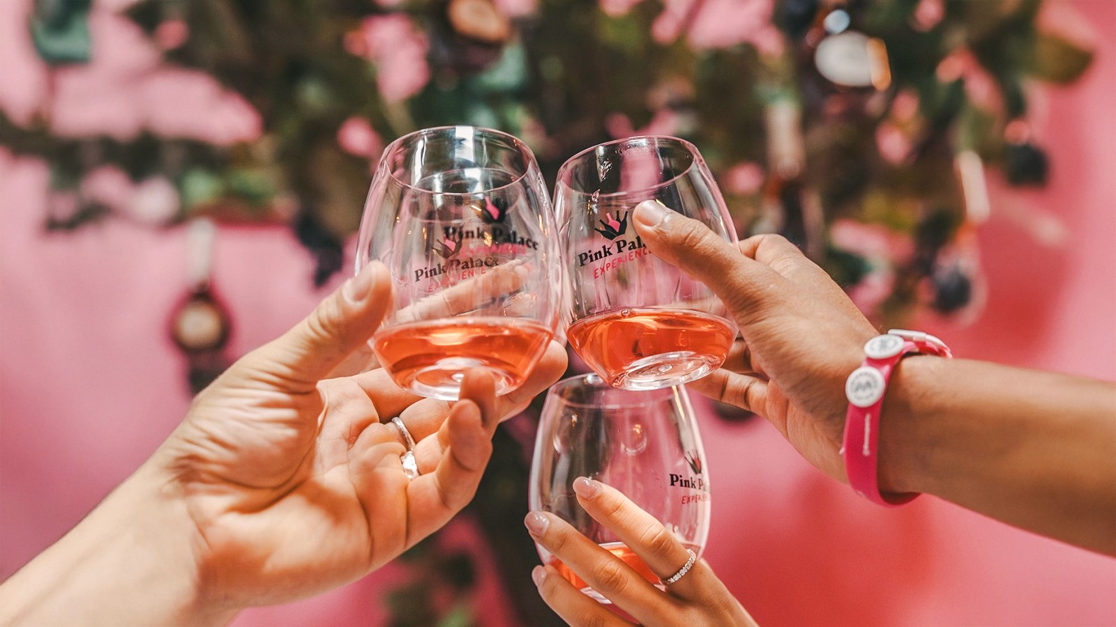 Vendégek koccintanak rozéborral a Pink Palace élményen.
