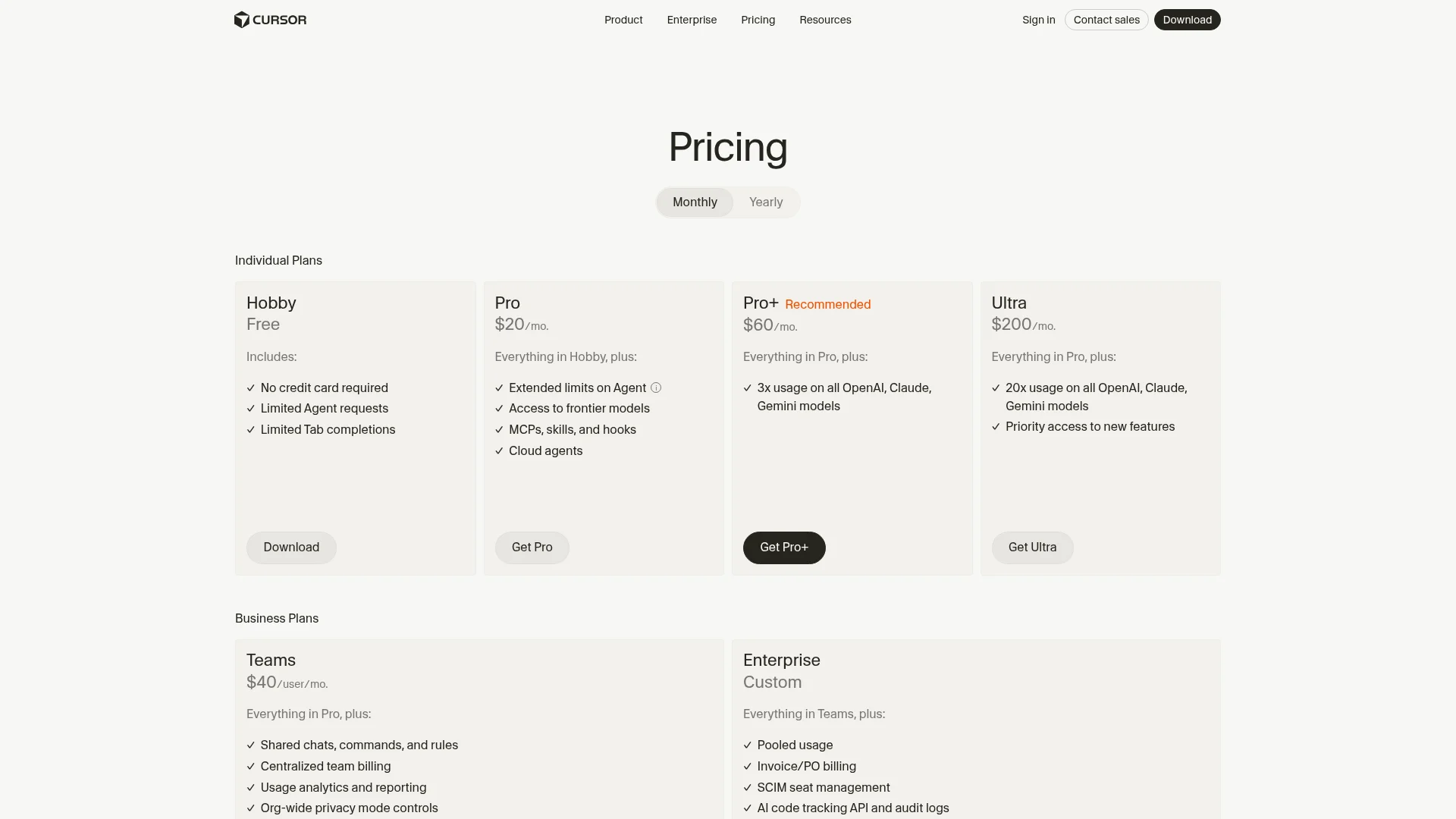 Cursor pricing page showing Hobby, Pro, Pro+, and Ultra plan options