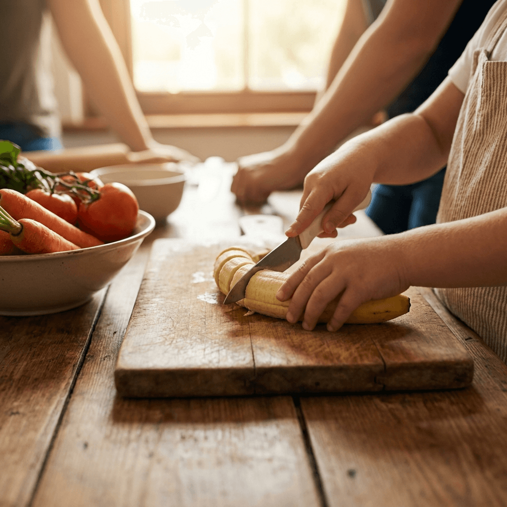 Child's hands cutting a banana on a wooden board in a bright family kitchen
