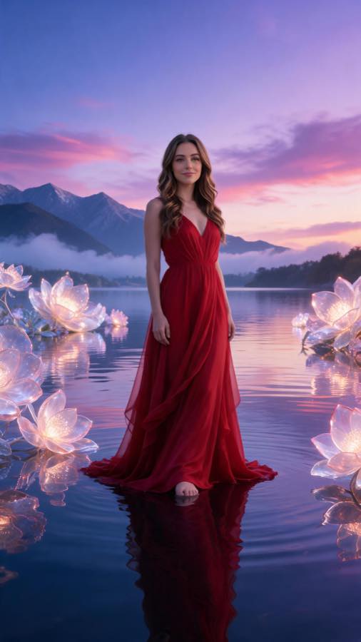 Artistic AI image of a woman in a flowing red dress standing in a reflective lake surrounded by glowing translucent flowers at twilight.