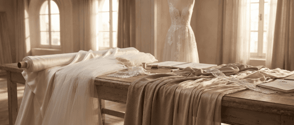 Structured satin and soft tulle draped side by side in a bridal atelier